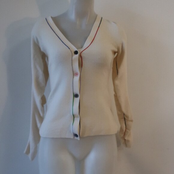 Womens Theory Cream Rainbow Piping Merino Wool V-Neck Cardigan Sweater M - Picture 1 of 13